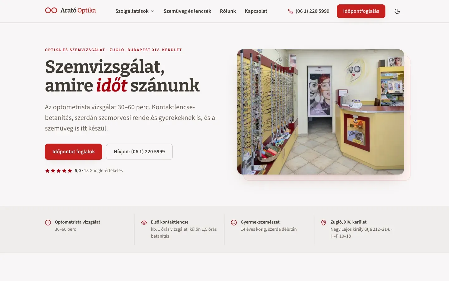 Desktop screenshot of the rebuild: headline and buttons on the left, a photo of the shop's frame wall on the right, and a strip of four quick facts below.