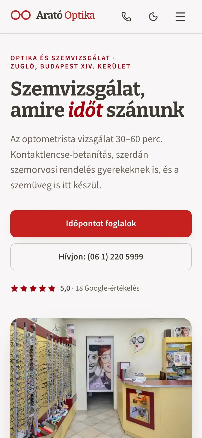 Phone screenshot of the Propello rebuild: a light page with a red eyebrow naming the Budapest district, a large Hungarian headline, a red booking button, a call button, a 5.0-star Google rating line and a photo of the shop's frame wall.