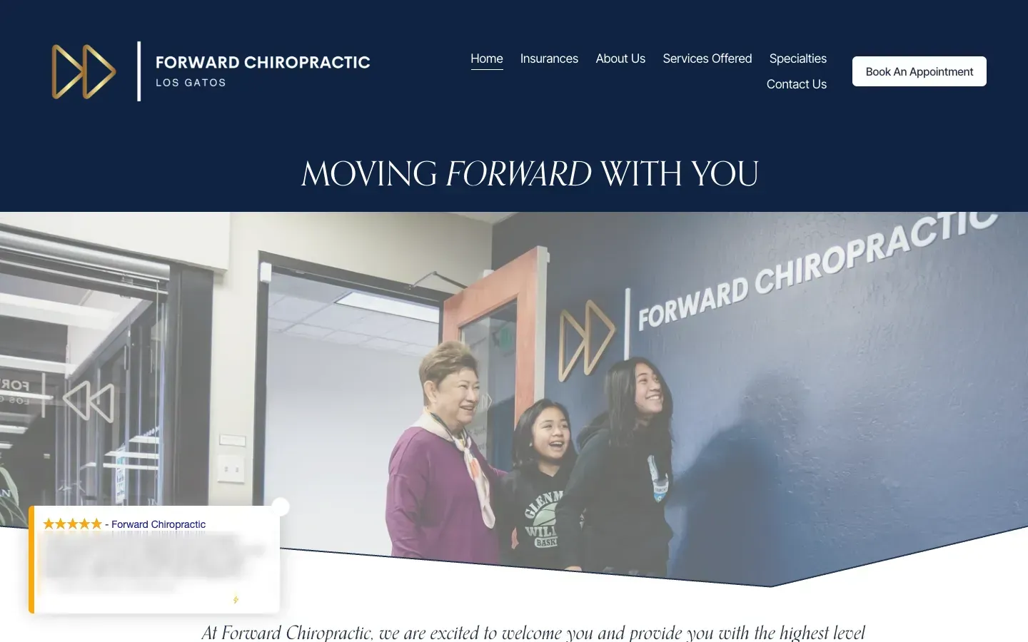 Desktop screenshot of the original site: a navy header with menu, a wide tilted lobby photo and a floating review card over it (its text blurred).