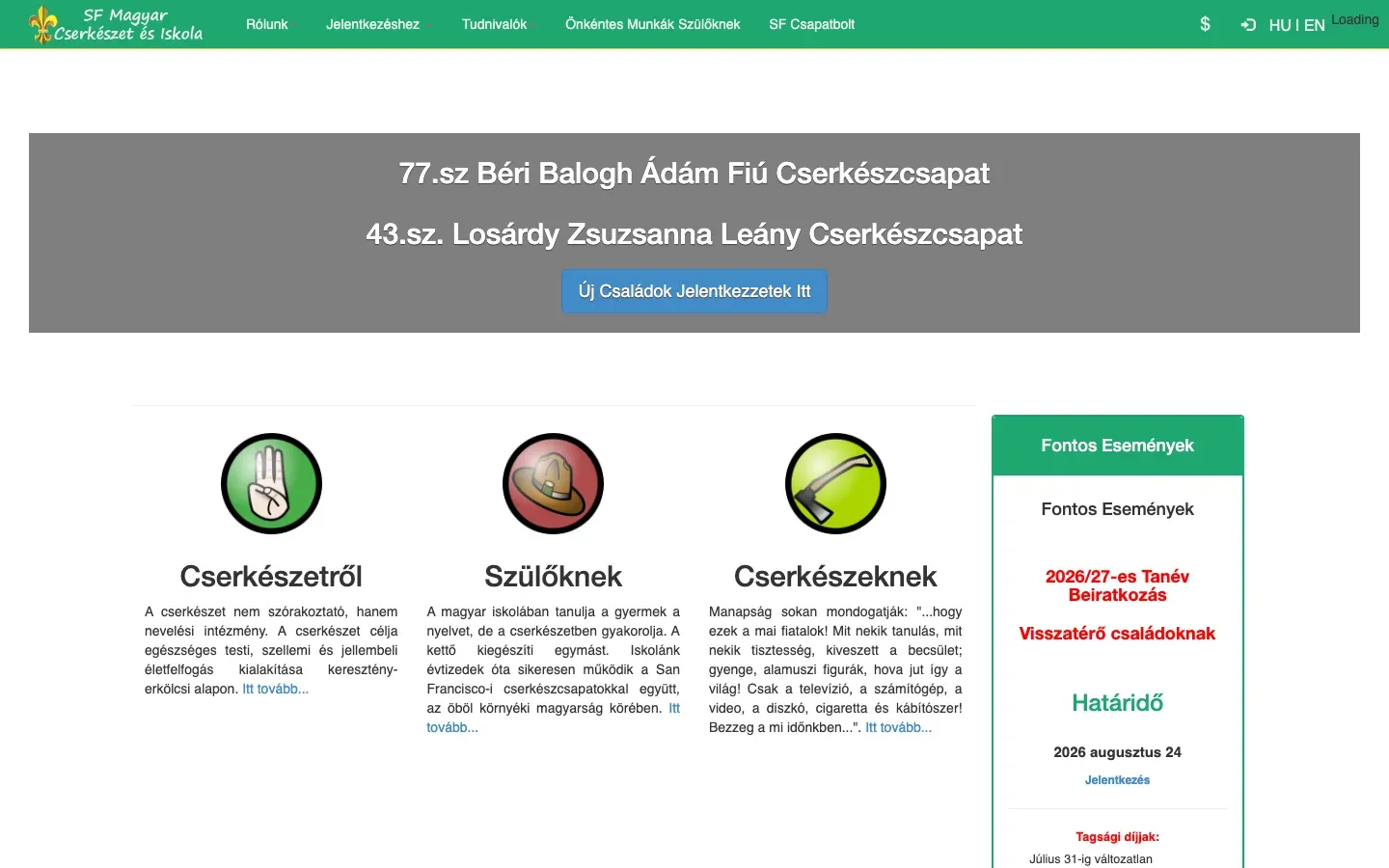 Desktop screenshot of the original site: a green header, a grey banner block with troop names, three clip-art icon columns of Hungarian text and a green events sidebar.
