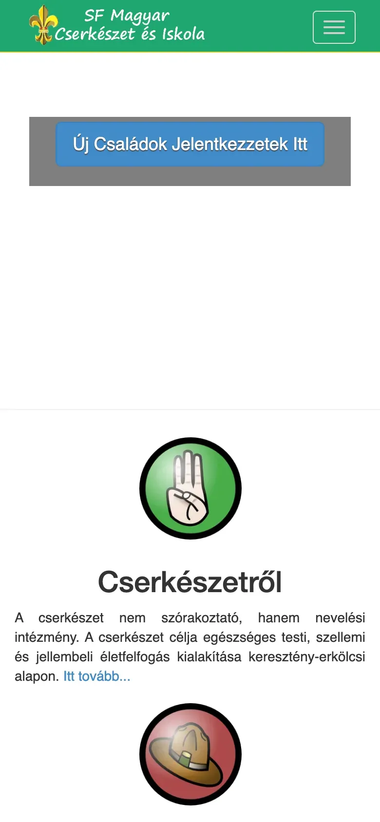Phone screenshot of the original scout site: a green header with the Hungarian scout logo, a blue sign-up button on a grey placeholder block, a long empty gap, then circular clip-art icons above a Hungarian paragraph.